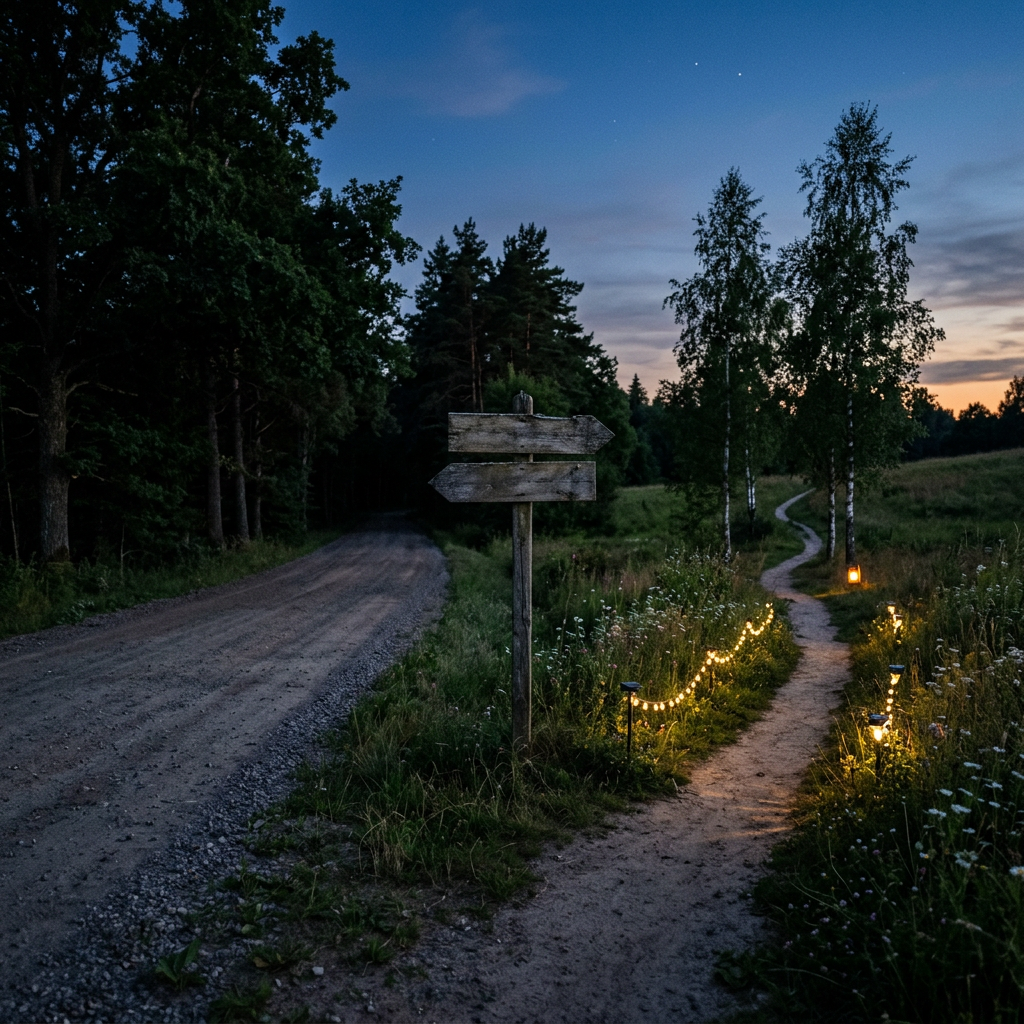 Two dirt paths diverge in a countryside setting at dusk, with one path lined by lit lanterns and string lights