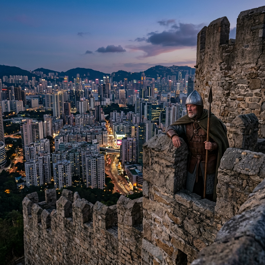 Medieval guard in armor and cloak holding a spear on a stone wall with a modern city skyline in the background at dusk